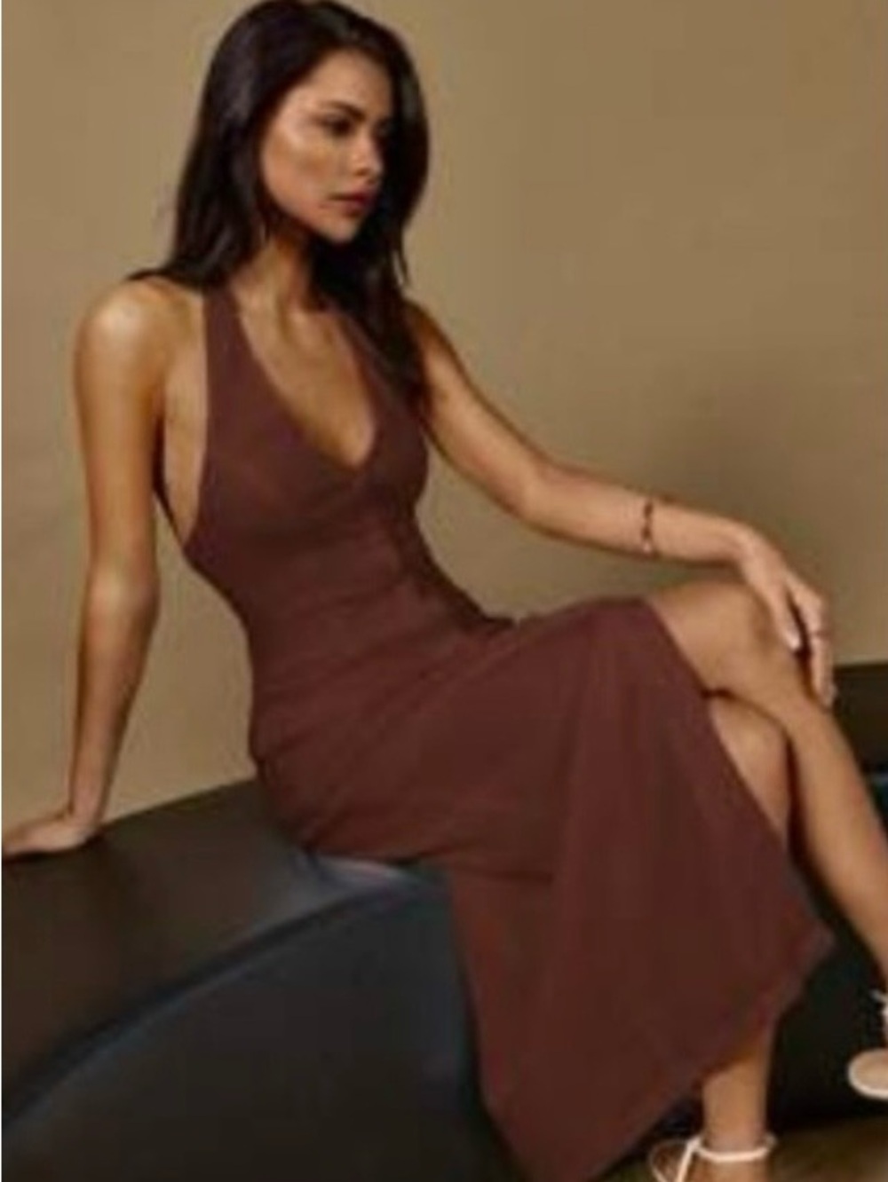 NEW Brown Halter Midi Dress with Front Buttons